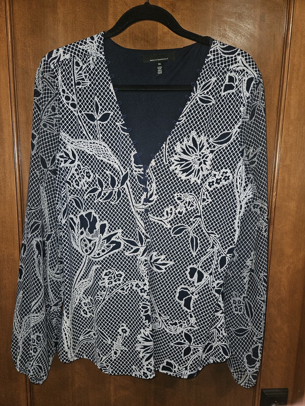 White House Black Market Navy and White Floral Button-Down Shirt